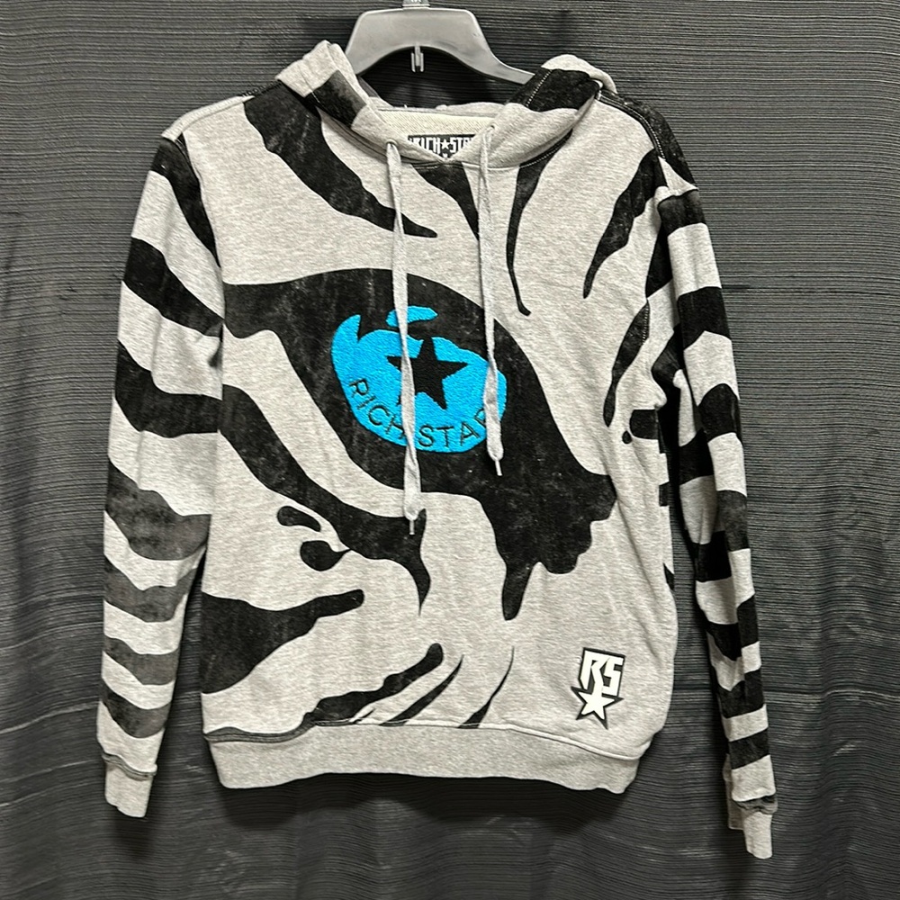 RICH STAR Men's Tiger Hoodie Medium Gray Black Velvet Stripes Blue Eye Richstar